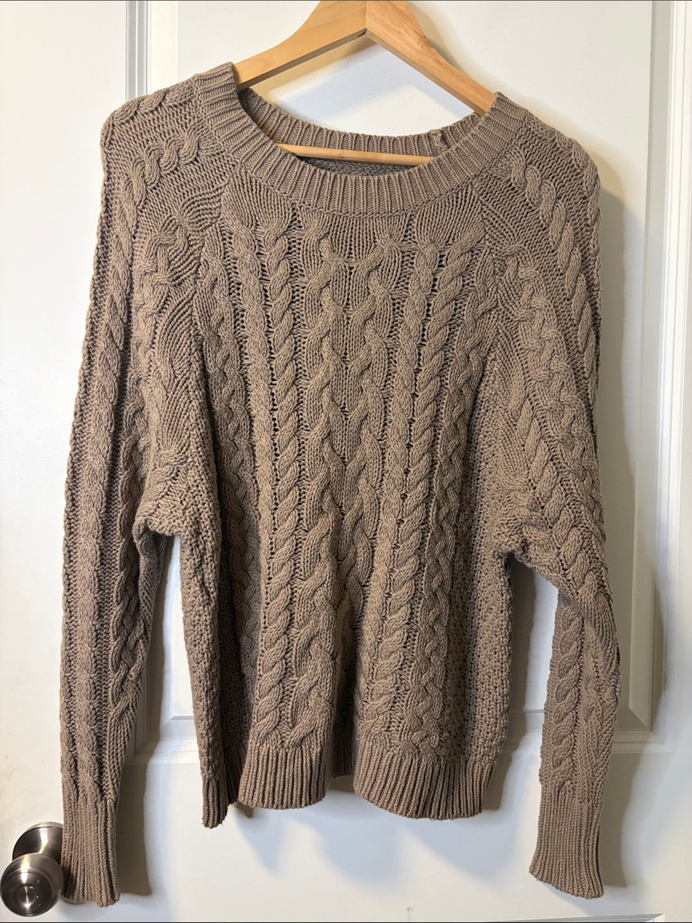 aerie Taupe Cable-Knit Crewneck Sweater
